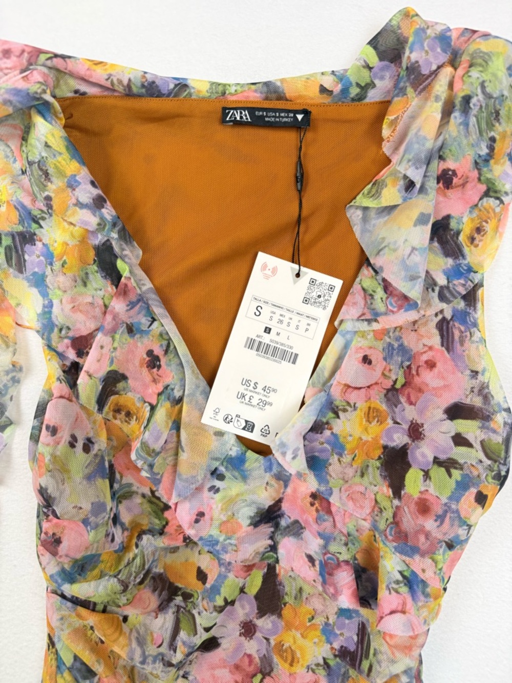 ZARA Floral Ruched Mini Dress NWT Ruffle Strap Tie Romantic Sheer Overlay Small - Picture 5 of 6